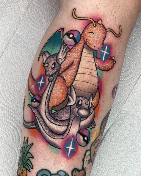 Kawaii Baphomet Tattoo, Dratini Tattoos, Dratini Evolution, Vaporeon Tattoo, Cubone Tattoo, Evolution Tattoo, Pokemon Project, Sticker Tattoo, Tattoo Trend