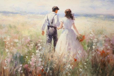 Couple lover walking on the flower field painting outdoors fashion. | premium image by rawpixel.com Flower Field Painting, Outdoors Fashion, Running Art, Field Paint, Scene Painting, Field Painting, Romantic Photography, Picking Flowers, Couple Painting