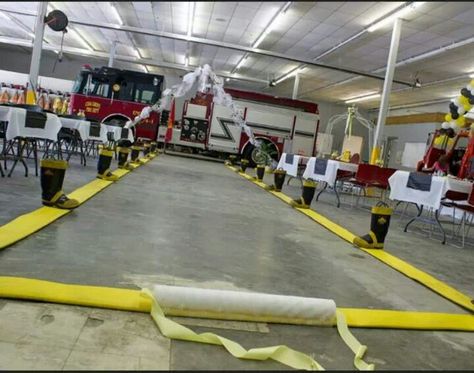 *he wants helmets instead of boots*I like the tables/aisle layout. Firefighter wedding Fire Station Wedding, Fire Department Wedding, Fireman Wedding, Fire Wedding, Themed Wedding Ideas, Engagements Pictures, Firefighter Girlfriend, Firefighter Wedding, Firefighter Love