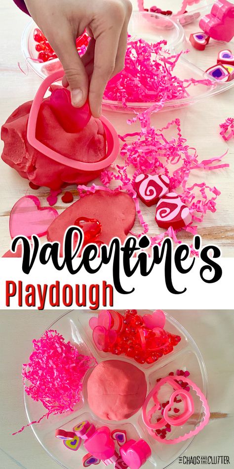 Create a sensory station at home or in your classroom with this Valentine's playdough invitation to create. #playdough #valentines #sensoryplay Playdough Station, Sensory Play Recipes, Baby Sensory Play, Writing Prompts For Kids, Playdough Recipe, Kids Focus, Pink Easter, Frozen Inspired, Pink Foods