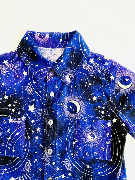 A bright purple with indigo blue Constellation astrology map Button Down Collared Shirt Optional matching mask also available! Spacecore Fashion Men, Spacecore Aesthetic Outfit Men, Constellation Clothing, Sun And Moon Button Up Shirt, Spacecore Outfits, Space Aesthetic Outfit, Space Button Up Shirt, Astrology Map, Galaxy Outfit