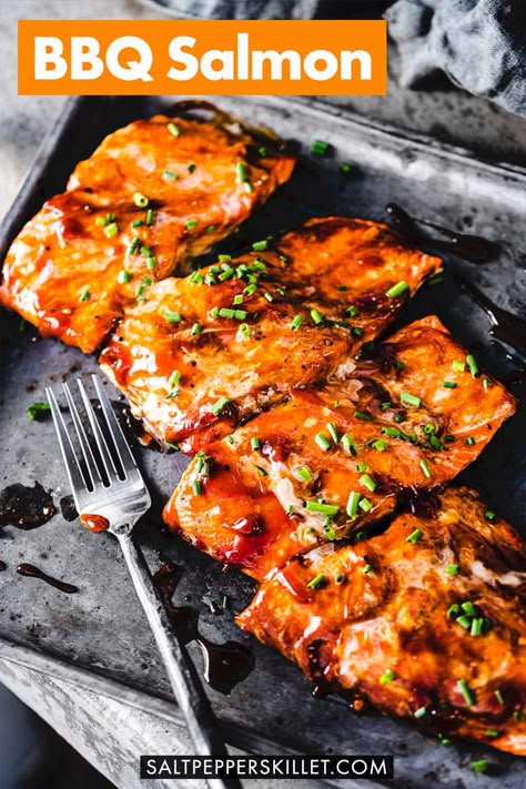 Seriously quick, easy and so delicious. If you love salmon and you love that sweet and slightly smoky BBQ flavor, you are going to love BBQ salmon. Bbq Salmon Recipes, Salmon Recipes Oven, Easy Bbq Recipes, Best Bbq Recipes, Bbq Fish, Bbq Salmon, Bbq Recipe, Easy Salmon Recipes, Honey Bbq