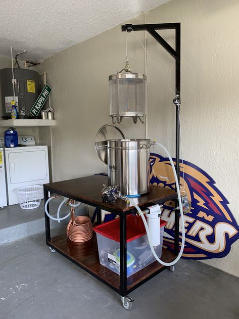 Let's see pics of your outside brew BIAB setup. | HomeBrewTalk.com - Beer, Wine, Mead, & Cider Brewing Discussion Community. Home Brew Setup, Home Brewing Setup, Brew Room, Brew Stand, Beer Brewing Equipment, Home Brewing Equipment, Aquarium Pump, Home Brewery, Brewing Beer