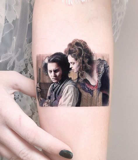 Sweeney Todd: The Demon Barber of Fleet Street Small Portrait Tattoo, Dainty Disney Tattoos, Sweeney Todd Tattoo, Sick Tattoo Ideas, Lush Tattoo, Johnny Depp Tattoos, Body Tattoo Ideas, Frame Tattoo, Cool Tattoo Designs