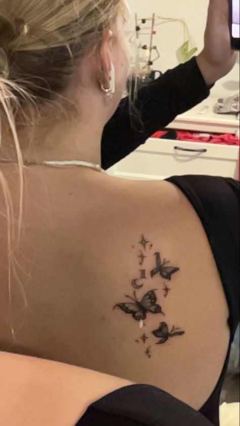 Shoulder tattoo, Gemini butterfly Tattoo Ideas Shoulder Back, Butterfly Back Of Shoulder Tattoo, Tattoo On Back Shoulder For Women, Butterfly Back Shoulder Tattoo, Shoulder Tattoos Butterfly, Tattoos On Back Of Shoulder, Small Back Shoulder Tattoos For Women, Cool Shoulder Tattoos For Women, Tattoo Ideas Female Back Shoulder