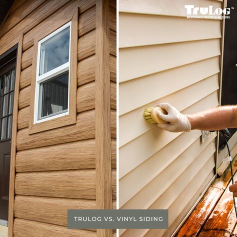 There are many options when choosing siding for your log-style home. Many families will choose vinyl because it is cost-effective and low maintenance. But, you don't get that authentic log look   With TruLog you get no maintenance siding that looks just like real wood! Contact us to get a quote on your new log siding.  #keepcraftalive #countryhome #newbuild #exteriordesign #curbappeal #exteriorhomes #homeimprovement #homedesign #homeinspo #trulog #trulogsteellogsiding #steellogsiding Vinyl Log Siding, Cabin Homestead, Cabin Construction, Siding Choices, Log Cabin Exterior, Steel Siding, Log Siding, Installing Siding, Cabin Exterior