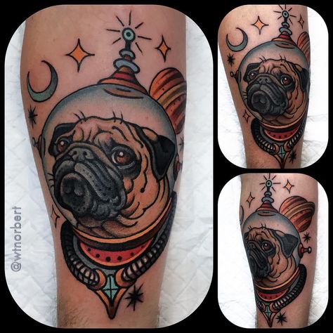 A pug in space. Thanks Matt! Tattoo American Traditional, Olive Tattoo, Tattooed People, Pug Tattoo, Astronaut Tattoo, Traditional Style Tattoo, Space Tattoo, A Pug, Traditional Tattoo Flash