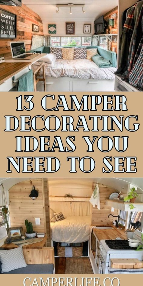 Update your RV with 13 Camper Decorating Ideas. Personalize and fall in love with your camper again! #DiyDecor #CamperMakeover #RVRemodel Vintage Rv Decor, Camper Trailer Renovation, Remodeling Camper Ideas On A Budget, Rustic Camper Renovation, Rv Redecorating Ideas, Camper Theme Decor, Camper Updates Diy, Small Rv Decorating Ideas Rv Interior, Diy Rv Decor Ideas