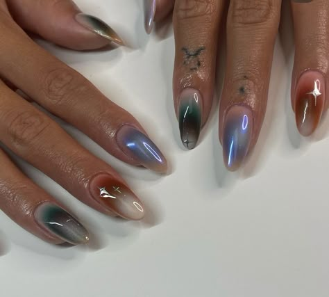 Pastel Iridescent Nails, Opal Cat Eye Nails, Milky Aura Nails, Jewel Tone Nail Art, Airbrush Gel Nails, Multicolor Aura Nails, French Tip Aura Nails, Ombre Aura Nails, Russian Manicure Design