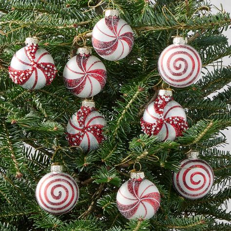 Peppermint Ornaments, Peppermint Candy Ornaments, Peppermint Ornament, Vintage Glass Ornaments, Copper Ornaments, Halloween Menu, Scary Christmas, Painted Patterns, Candy Ornaments