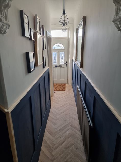 Starry night blue painted shaker panelling with herringbone flooring Herringbone Narrow Hallway, Shaker Panelling, Hallway Panelling, Blue Hallway, Herringbone Flooring, Narrow Entryway, Herringbone Floor, Narrow Hallway, Night Blue