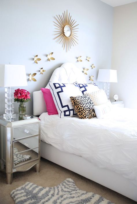 Kate Spade Inspired Bedroom, Kate Spade Bedroom, Southern Bedroom, Cape Remodel, Sorority Aesthetic, Elegant Headboard, Preppy Bedroom, Bedroom Reveal, Inspired Bedroom