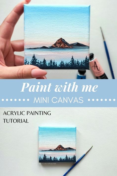 Small Mountain Painting Easy, Small Acrylic Painting Mini Canvas Easy, Mini Mountain Painting, Easy Acrylic Mountain Painting, Mountain Art Diy, Landscape Art Tutorial, Small Acrylic Painting Mini Canvas, Easy Mountain Painting, Mini Landscape Paintings