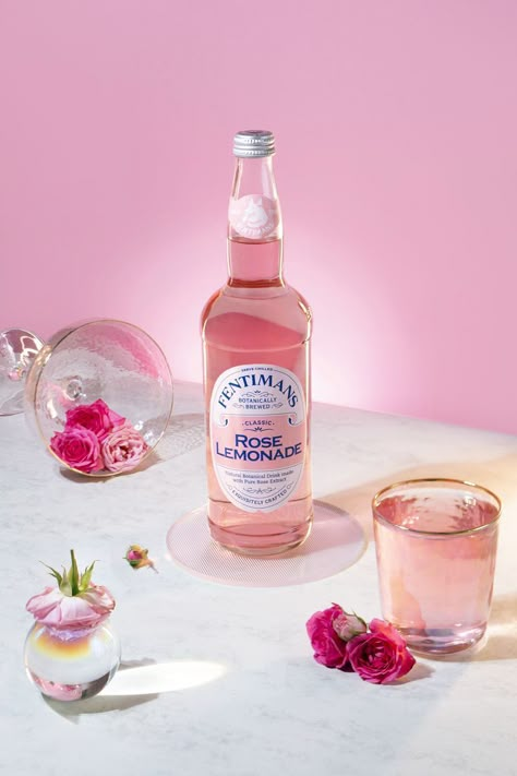 Pink Drink Photography, Lemonade Product Photography, Bottled Drink Product Photography, Champagne Product Photography, Romantic Product Photography, Rose Product Photography, Product Photography Drinks, Product Photography Lighting, Lemonade Brand