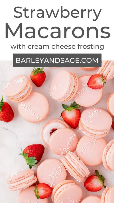 Strawberry Macarons Strawberry French Macarons, Strawberry Cheesecake Macaroons, Strawberries And Cream Macarons, Strawberry Macaron Recipe, Macaron Recipe Strawberry, Strawberry Macrons Recipes, Strawberry Macaron Filling, Maccarone Filling Recipe, Strawberry Macaroons Recipe