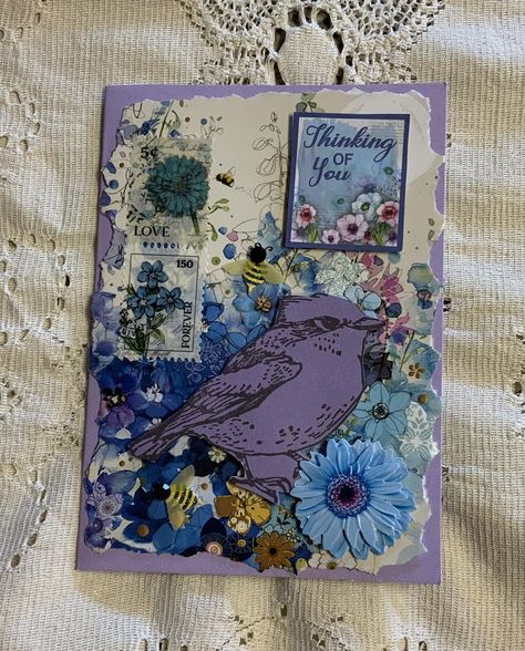 A spring garden collage card with a recycled greeting card for background and a favorite bird stamped.Finished with a variety of embellishments. Collage Greeting Cards Handmade, Collage Greeting Cards, Collage Cards Handmade, Garden Collage, Collage Cards, Mixed Media Cards, Card Inspo, Creative Cards, Spring Garden