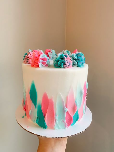 Layered white cake with swatch design from bottom to top. Hot pink, light pink, turquoise, and light blue. Swirl on top. Pink And Teal Cake Ideas, Pink Purple Teal Cake, Colorful Drip Cake, Pink And Turquoise Birthday Cake, Colorful Buttercream Cake, Pink And Blue Cake Ideas, Blue And Pink Cake Design, Teal Cake Ideas Birthday, Pink Purple Teal Birthday Cake