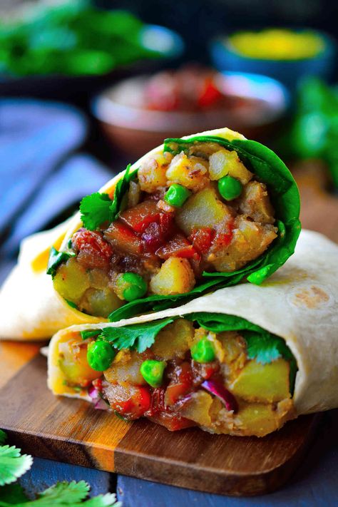 Samosa Wraps with Homemade Mango Chutney | The Stingy Vegan Samosa Wrap, Samosa Wraps, Vegan Samosa, Wraps Vegan, Spiced Potatoes, Vegetarian Wraps, Vegan Wraps, Mango Chutney, Mango Recipes