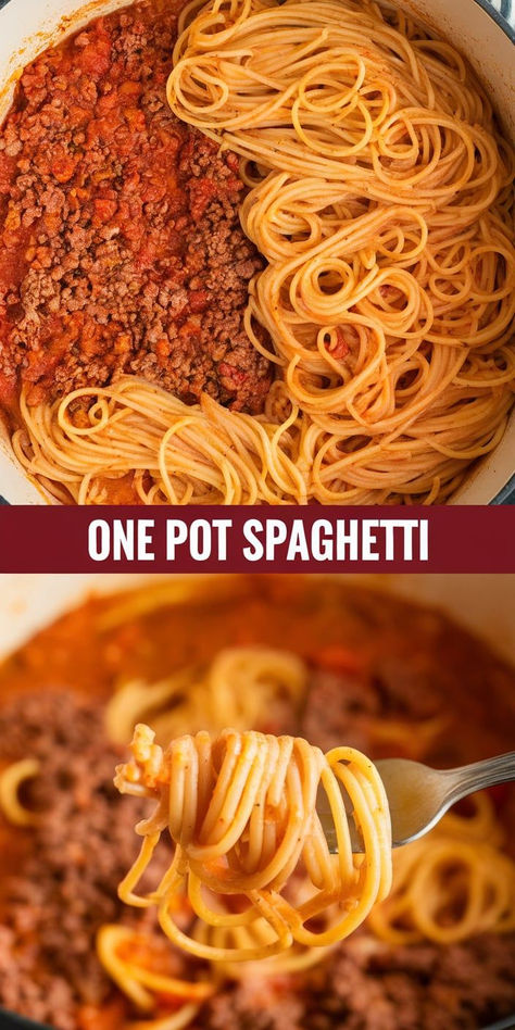 One Pot Spaghetti with Meat Sauce – Dive into the rich flavors of one pot spaghetti with meat sauce! Ground beef, tomatoes, and Italian spices simmer together with the pasta, creating a hearty and satisfying meal that the whole family will love. Easy Spaghetti Recipes Simple, One Pot Spaghetti With Jar Sauce, Ground Beef Spaghetti Recipes, Meal Prep Spaghetti, One Pot Spaghetti Recipe, Spaghetti Beef Recipe, Easy Spaghetti Recipes, Spaghetti With Meat Sauce, Spaghetti With Meat