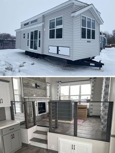 This tiny home on wheels includes an elevated living space, extra storage below the home, and a private bedroom for a unique modern look! You'll love the minimalist style with modern appliances and a cozy bathroom, fireplace, and more storage than you could imagine possible in such a small space! Tiny Farmhouse, Private Bedroom, Park Model Homes, Tiny House Interior Design, Tiny House Loft, Best Tiny House, Tiny House Inspiration, Tiny House Floor Plans, Modern Tiny House