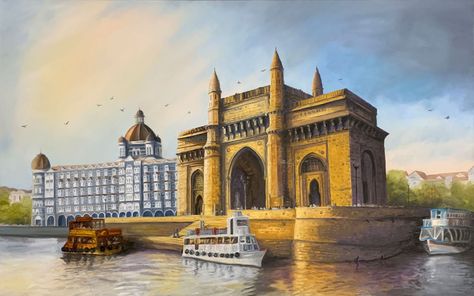 Oil on canvas Mumbai Painting, Gateway Of India Mumbai, Gateway Of India, Chatrapati Shivaji, K Art, India Painting, Mumbai City, Shivaji Maharaj, Arabian Sea