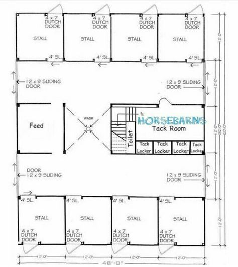 8 stall horse barn plan                                                                                                                                                                                 More Stable Designs Layout, 10 Stall Horse Barn Floor Plans, 8 Stall Horse Barn Plans, Horse Barn Layout Floor Plans, Horse Barn Floor Plans, Barn Plans Layout, Horse Barn Designs Layout, Barn Layout, Barn Stalls