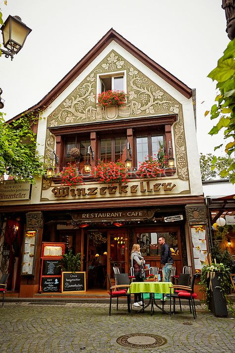 View outside of the Wizerkeller Restaurant and Cafe, Outdoor Dining, and Customers, Rüdesheim, Germany (Vertical). Rudesheim Germany, Germany For Kids, German Restaurant, German Houses, Restaurant Exterior, What Dreams May Come, Restaurant Themes, European Village, Holiday Travel Destinations