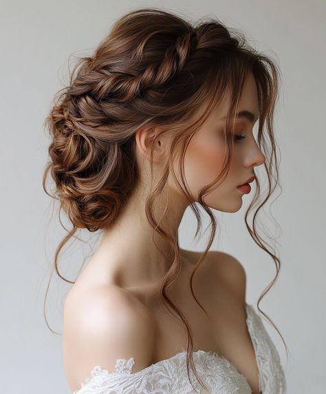 ☀️ Embrace Glamorous Braids Updo Hairstyle with Bridesmaid Braid Updo Princess Updo Hairstyles, Curly Messy Updo, Bridal Updos For Long Hair, Braided Crown Updo, Messy Braided Bun, Formal Updos For Long Hair, Hairdo Wisuda, Bridesmaid Braid, Loose Curly Updo