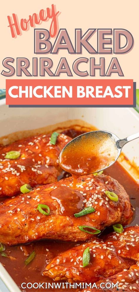 This Honey Baked Sriracha Chicken Breast is a great recipe for meal prep and can be served with any number of things, like rice, veggies, or salads! It’s so simple and easy to make. All you need to do is brown the chicken, top it with some homemade honey sriracha sauce, and bake it! Dinner will be ready in a flash! Sriracha Chicken Recipes, Siracha Chicken Recipes, Sweet And Spicy Sriracha Sauce, Baked Honey Sriracha Chicken, Spicy Chicken Breast Recipes, Honey Siracha Chicken, Spicy Chicken Breast, Sriracha Recipes, Honey Sriracha Sauce