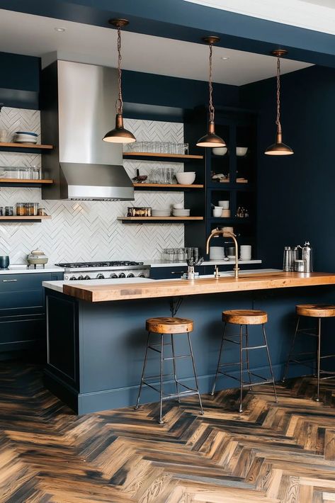 25 Navy Blue Kitchens You’ll Fall in Love With - Kitchen Informant Blue Kitchen Diner, Kitchen With Blue Walls, Charcoal Kitchen Cabinets, Marine Blue Kitchen, Navy Blue Kitchens, Blue Country Kitchen, Dark Blue Kitchen Cabinets, Blue Gray Kitchen Cabinets, Blue Countertops