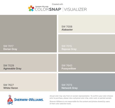 I found these colors with ColorSnap® Visualizer for iPhone by Sherwin-Williams: Dorian Gray (SW 7017), Agreeable Gray (SW 7029), White Heron (SW 7627), Alabaster (SW 7008), Repose Gray (SW 7015), Pussywillow (SW 7643), Network Gray (SW 7073). #sherwinwilliamsagreeablegray I found these colors with ColorSnap® Visualizer for iPhone by Sherwin-Williams: Dorian Gray (SW 7017), Agreeable Gray (SW 7029), White Heron (SW 7627), Alabaster (SW 7008), Repose Gray (SW 7015), Pussywillow (SW 7643), Networ White Cabinets Gray Walls, Interior Paint Colors For Living Room, Agreeable Gray Sherwin Williams, Origami White, Interior Paint Colors Schemes, Sherwin Williams Gray, Repose Gray, Agreeable Gray, Gray Walls