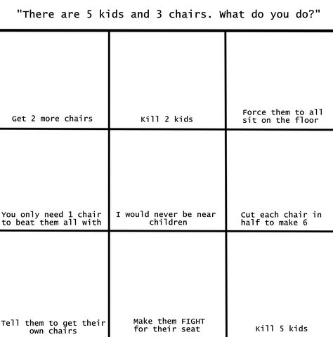 OC character alignment chart graph with 9 boxes 5 kids 3 chairs what do you do get 2 more chairs kill 2 kids meme answers Chart For Characters, Personality Chart Character, Character Placement Charts, Friend Alignment Chart, Oc Character Chart, Sitting Alignment Chart, Character Charts Funny, Character Development Chart, Oc Alignment Chart Funny