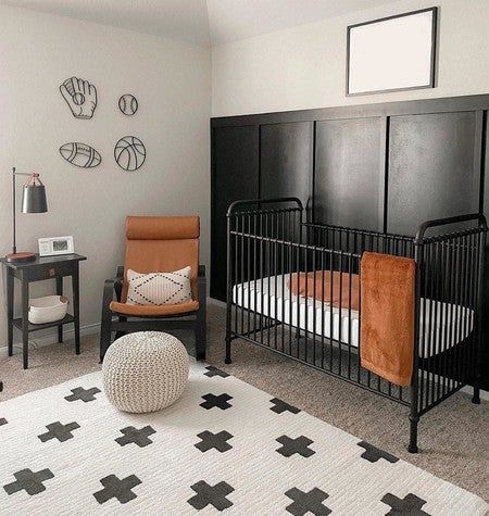 Black Crib Nursery, Brown Nursery, Black Crib, Trendy Nursery, Nursery Accent Wall, Black Nursery, Boy Nursery Themes, Baby Room Organization, Nursery Room Design