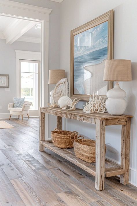 Boho Entryway Ideas, Coastal Entryway Ideas, Beach House Entryway, Seashell Decorations, Light Wood Furniture, Colored Palette, Boho Entryway, Coastal Entryway, Beach House Interior Design