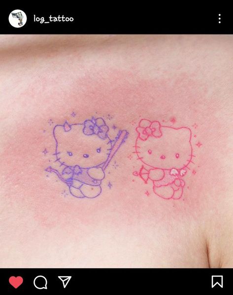 Matching Sanrio Tattoos, My Melody Tattoo, Hello Kitty Tattoo Ideas, Tatuaje Hello Kitty, Soft Tattoo, Hello Kitty Tattoo, Kitty Tattoos, Tattoos Cute, Purple Tattoos