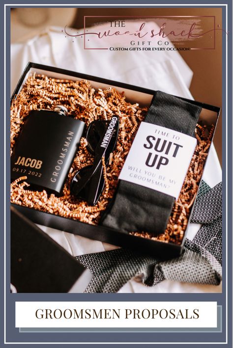 This groosman proposal box is the perfect way to say “Will you be my Groomsman?” It comes filled with groosmen socks, an engraved flask and stylish groomsmen sunglasses. Your groomsmen and best man will love this Groomsmen gift box! Will You Be My Groomsman Gifts, Bridesmen Proposal Ideas, Will You Be My Groomsman, Will You Be My Groomsman Ideas, Groomsmen Proposals, Groomsmen Sunglasses, Asking Groomsmen, Engraved Flask, Groomsmen Boxes