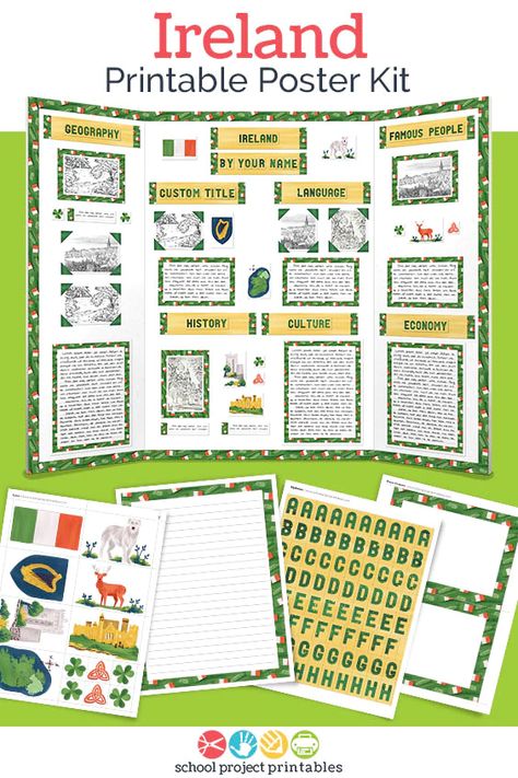 Printable kit for Ireland Display boards - this is a life saver! Ireland Bulletin Board Ideas, Ireland Poster Board Project, Ireland Culture Project, Ireland Art Projects For Kids, Ireland Activities For Kids, Ireland Flag Printable, Ireland Unit Study, Irish Theme Party, Tri Fold Poster Board