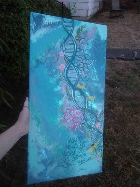 My DNA painting on canvas. https://www.etsy.com/listing/630913624/dna #DNA #spiritual #flowers #acrylicpour #acrylicpainting #originalpainting #painting #etsy #smallbuisness #blue #glitter #yogaroomdecor Canvas Painting Ideas Spiritual, Dna Painting, Spiritual Flowers, Graduation Basket, Dna Artwork, Inspirational Paintings, Yoga Room Decor, Blue Glitter, Acrylic Pouring