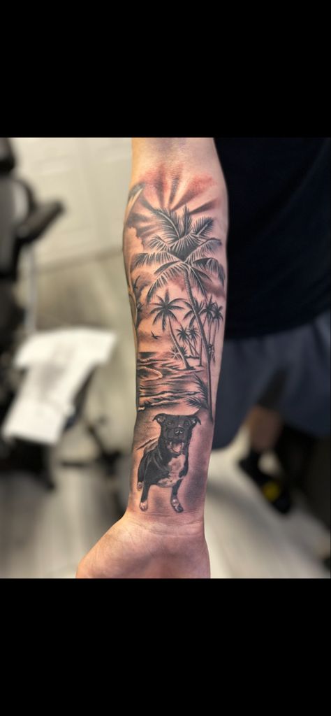 Dog On Beach Tattoo, Dog Tattoo Ideas Memorial Men, Dog Beach Tattoo, The Beach Tattoo, Upper Arm Tattoos For Guys, Rip Dog, Beach Tattoos, Arm Tattoo Ideas, Pet Memorial Tattoo