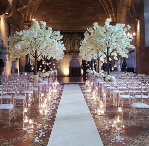 Elegant Wedding Isles, Wedding Venues Cherry Blossom, White Cherry Blossom Wedding Decor, Isle Decorations Wedding, Wedding Isles Decoration, Cherry Blossom Wedding Centerpieces, Wedding Aisle Candles, Blossom Tree Wedding, Peckforton Castle