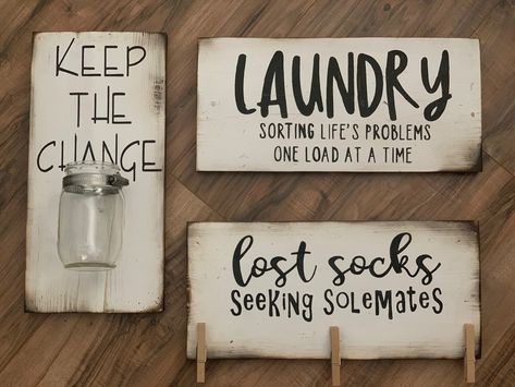 Rustic Washroom, Rustic Laundry Room, Washroom Sign, Rustic Laundry, Laundry Sorting, Coin Jar, Rustic Laundry Rooms, Whitewashed Wood, Lost Socks