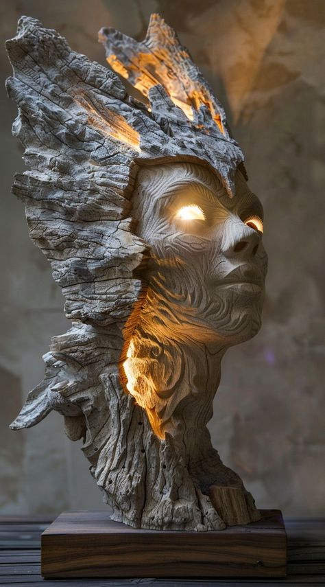 Big Sculpture Art, 3d Sculpture Ideas, Diy Statue, Stone Sculpture Art, Surrealism Sculpture, Driftwood Art Sculpture, Wood Carving Art Sculpture, Casting Shadows, Natural Wood Texture