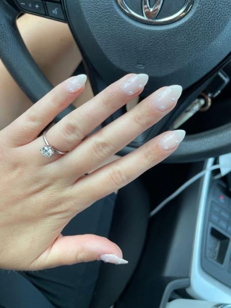 Wedding Nail Inspo 2022, Faux Pearl Nails, Simple Bachelorette Nails, Engagement Nails Pearl, Pearl Nails With Rhinestones, Short Nail Designs Pearls, Wedding Nails For Bride Pearl White, Fall Nails With Pearls, Prom Nails Oval Shape