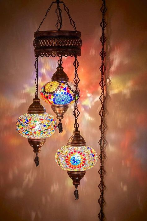 DEMMEX Customizable Turkish Moroccan Mosaic Swag Plug in Chandelier Ceiling Hanging Lamp Pendant Light Fixture Lighting, 15ft Cord Chain and Plug, 3 Big Globes (Plug in) - Amazon.com Lantern Ceiling, Plug In Chandelier, Colorful Lamp, زجاج ملون, Hanging Ceiling Lamps, Lamp Handmade, Turkish Lamps, Mosaic Lamp, Moroccan Mosaic