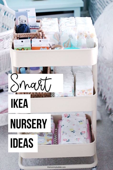 Need inspiration for decorating and organizing baby's room? Check out these stunning IKEA nursery ideas. Cube Storage Nursery Changing Tables, Gulliver Ikea Changing Table, Nappy Station Ideas, Nursery Cart Organizer Ideas, Nursery Storage Organization, Baby Cart Organize, Nursery Cart Organizer, Ikea Baby Room Ideas, Baby Room Storage Ideas