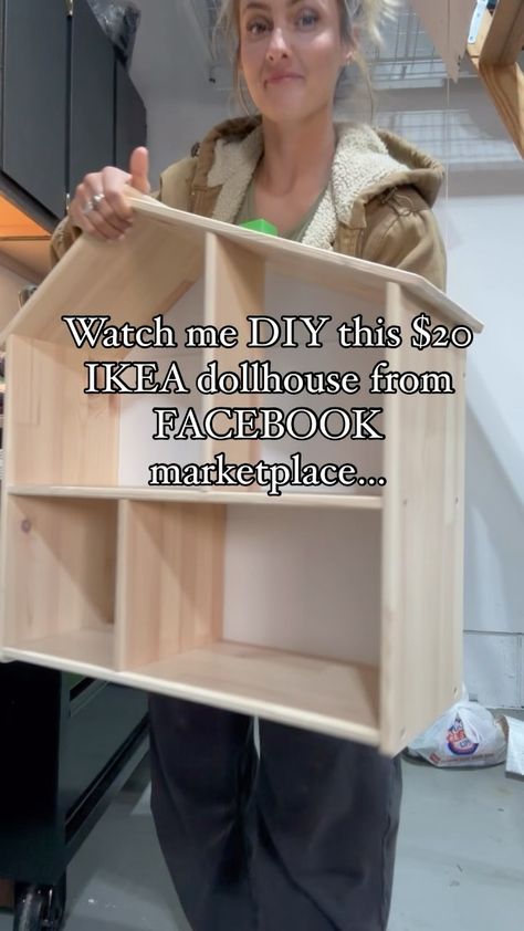 Brenna Johnson | DIY-ing with 5 kids isn’t easy and might take twice as long … BUT I LOVE doing it! I’m so excited where this little dollhouse is going. I… | Instagram Cube Shelf Barbie House, Redo Barbie House, Simple Doll House Plans, Diy Dollhouse Nightstand, Dollhouse Shingles Diy, Dolls House Interiors Diy, Diy Dollhouse Bed, Ikea Dollhouse Makeover, Diy American Girl Doll House