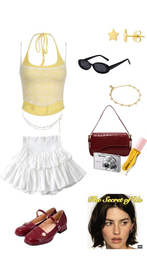 gracie abrams t the secret of us concert tour outfit inspiration: pastel yellow halter top layered with a white mesh top, white mini skirt, maroon mary jane heels, maroon shoulder bag, black round sunglasses, star gold earring suds, Halter Tops Outfit, Yellow Halter Top, White Mesh Top, Black Round Sunglasses, White Mini Skirt, Concert Outfits, Concert Looks, Concert Fits, Gracie Abrams