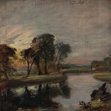 The Stour - John Constable.  1810.  Oil on canvas.  23.8 x 23.5 cm.  Philadelphia Museum of Art, Philadelphia PA, USA. Cisf Constable, John Constable, John Constable Drawings, English Pastoral Painting, John Constable Paintings Landscapes, John Constable Paintings, John Constable Clouds, Philadelphia Museums, Philadelphia Museum Of Art