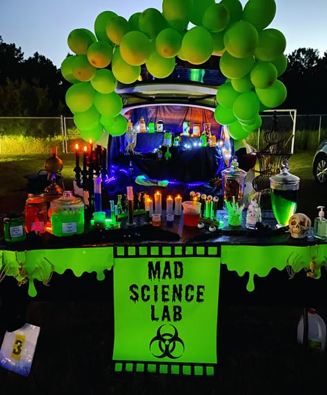 Doctor Trunk Or Treat, Elemental Trunk Or Treat, Trunk Or Treat Ideas With Fog Machine, Trunk Or Treat Ideas For Cars Mad Scientist, Goosebumps Trunk Or Treat Ideas, Truck Or Treat Mad Scientist, Mad Science Trunk Or Treat Ideas, Halloween Booth Themes, Mad Scientist Halloween Trunk Or Treat