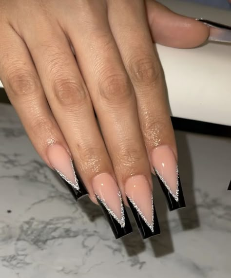 Black French Tip Nail Designs Coffin, Black Coffin Acrylic Nails French Tip, Black French Tip Designs Acrylic, Acrylic Nail Designs Black French Tips, Black Glam Nails Acrylic, Black Tip Nails Long, Coffin Black Tip Nails, Square Nails Ideas Black, Black Tip Nails Acrylic